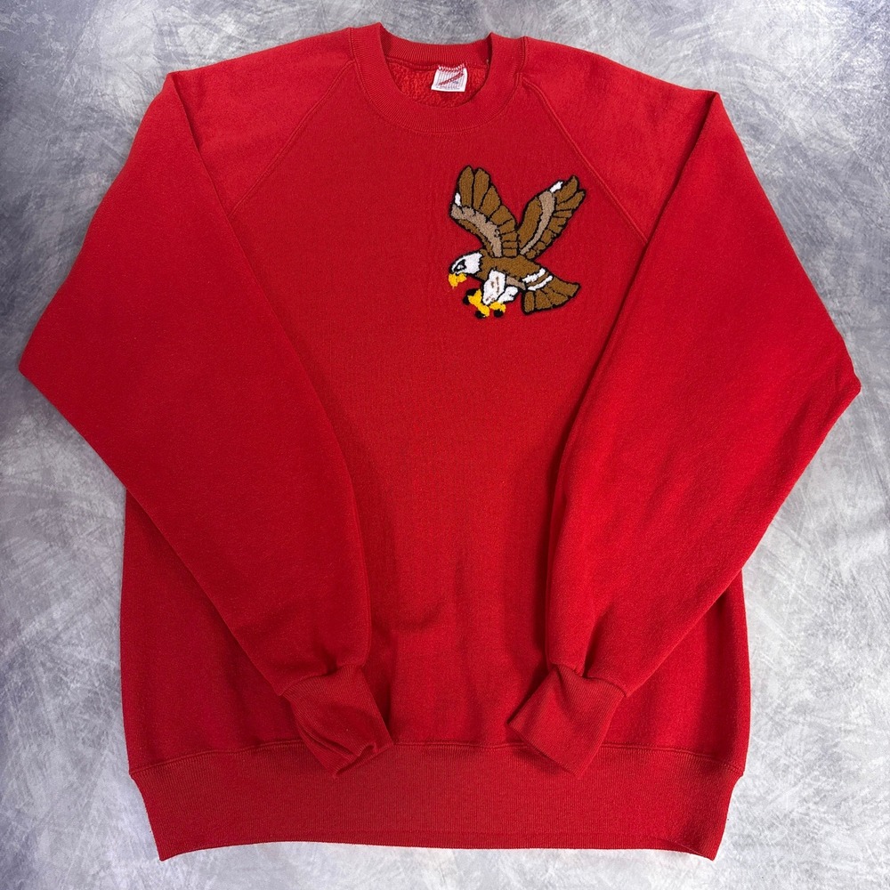 Jerzees Sweatshirt Unisex XL 46 Red Eagle Applique Raglan Crewneck Made USA
